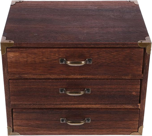 Alipis Wooden Desk Organizer, Wood Desktop Storage Cabinet Desk Drawer Organizer Vintage Treasure Box with Metal Handle for Home Office Counter Decor B