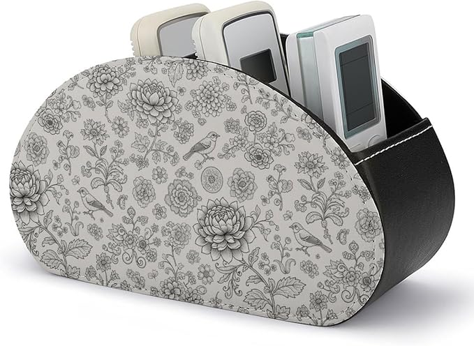 PU Leather TV Remote Organizer, 5-Compartment Desktop Caddy for Media Controllers, Office, and Living Room, Flower Bird Floral