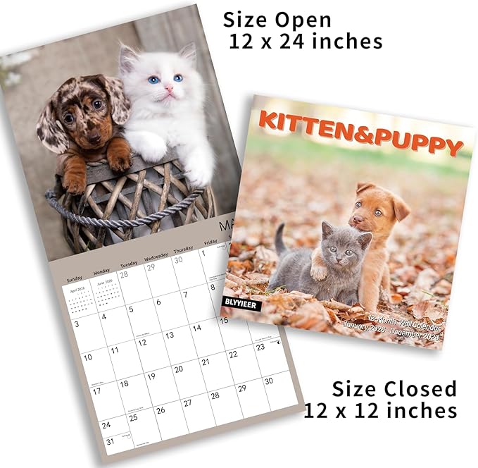 2026 Wall Calendar,Calendar 2026,Kittens & Puppies Monthly Wall Calendar, 12" x 24" Open,Family Planner Calendar Organizer with Cute kittens & Puppies Images, for Cat & Dogs Lovers
