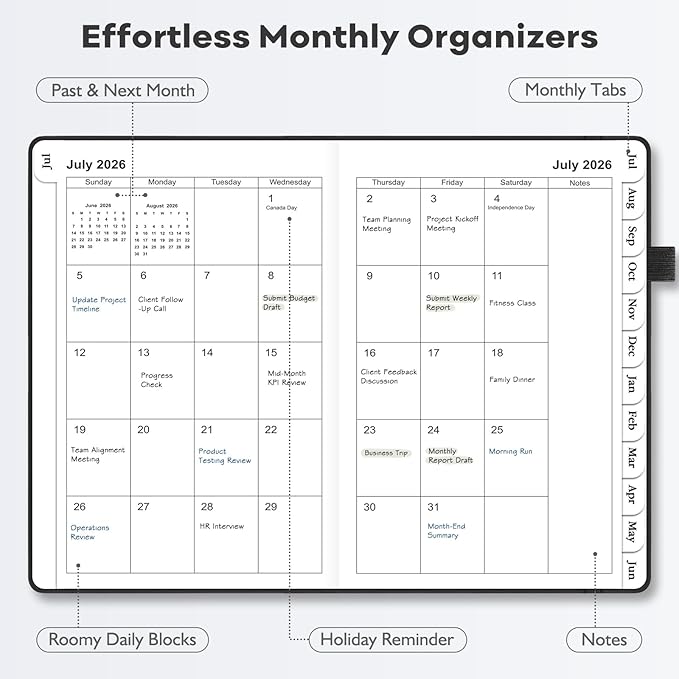 OMEYA Leather Academic Planner 2026-2027: A5 Black Business Weekly & Monthly Planner for Work, July 2026 – June 2027, 100gsm Thick Paper, Durable Stitched Binding, Tabs, Pen Loop, Pocket