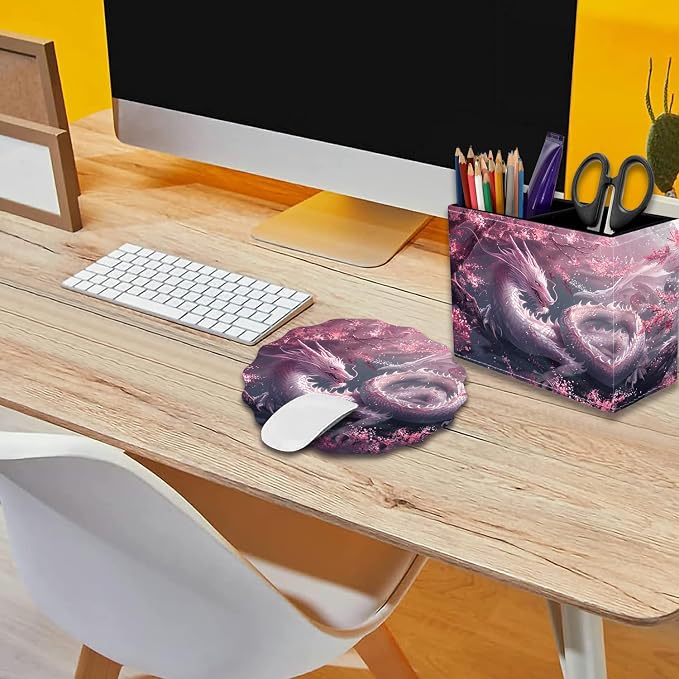 Pen Holder for Desk, PU Leather Multifunctional Desktop Storage Box and Anti-Slip Mouse Pad Set, Makeup Brush Holder Pen Organizer for Office and Home - Cherry Pink Dragon