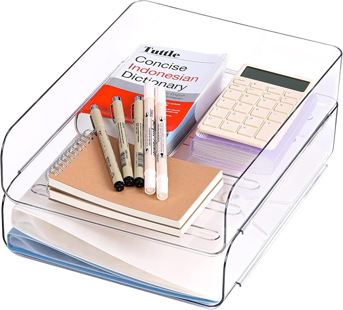 CiWiVOKi Set of 4 Office Organization and Storage, Clear PET Letter Tray Desk Organizer, Stackable Paper Tray Organizer for Desk Accessories, Notes, Pens, File Paper, Document