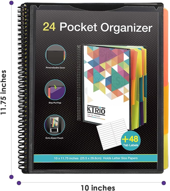 KTRIO 24 Pocket Project Organizer, Letter Size Spiral Binder,Black | 24 Pocket Storage,Letter Size Fit,Water-Resistant Poly,Zip Pouch Included,Writable Color Tabs