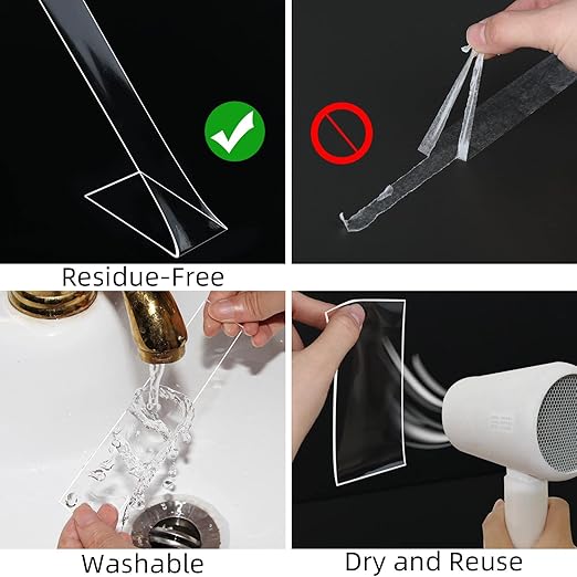 4 Pack Heavy Duty Double Sided Mounting Tape, Strong Adhesive Strips Clear Washable Reusable Transparent Tape for Home Office Decor Indoor (0.59" x 9.84FT/Roll)