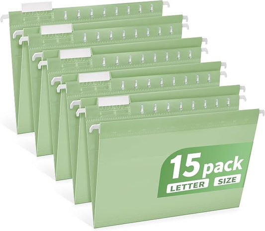 Plastic Hanging File Folders Letter Size, Colored Hanging File Folders with Tabs, Durable Waterproof Plastic Hanging Folders for Filing Cabinets, Office, School & Home Organization (15, Green)