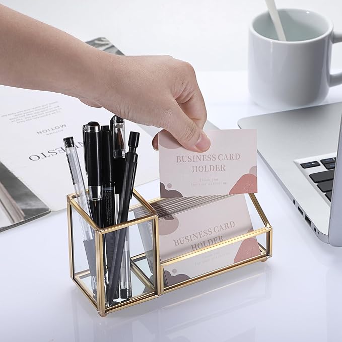 Hipiwe Glass Business Card Holder with Pen Pencil Holder Cup Gold Metal Name Card Display Organizer Desktop Business Card Storage Case for Office Desk, 2 Slots