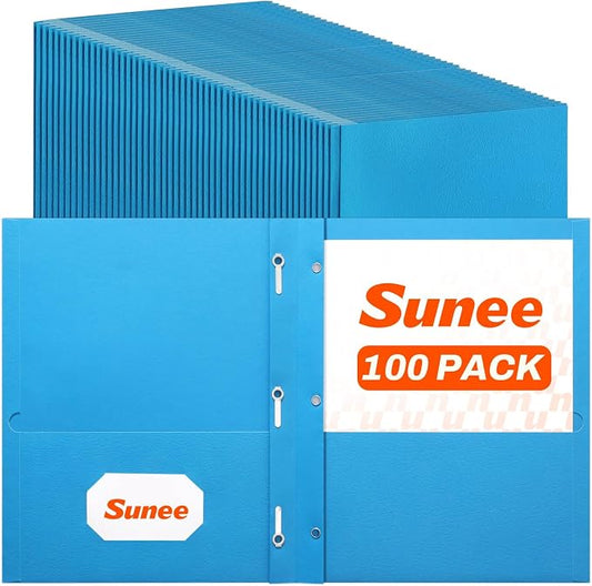 SUNEE 2 Pocket Folders with Prongs (100 Pack, Blue), Paper Folders with 2 Pockets Fit Letter Size Paper, File Folder for School Office Home Business