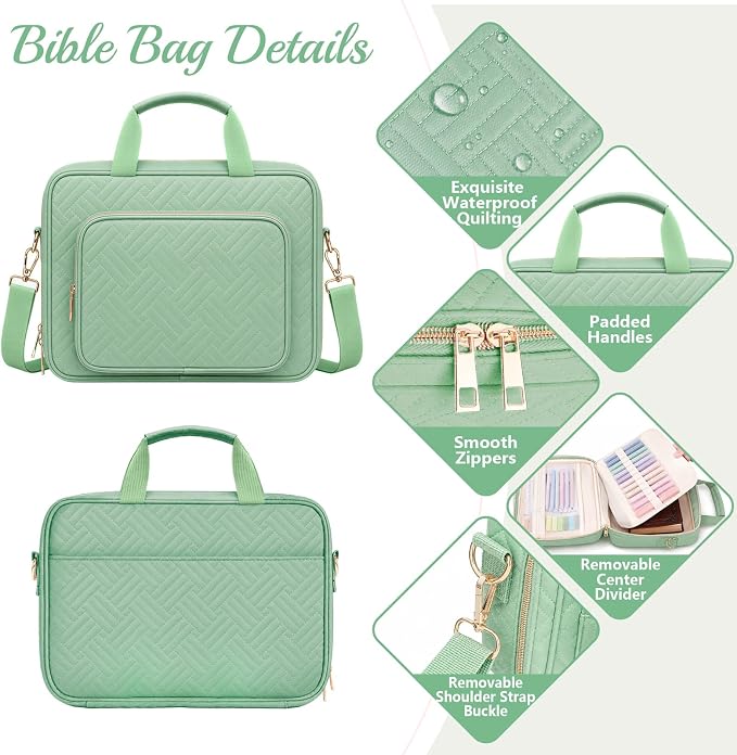 XKDOUS Bible Cover Case for Women, Quilted Large Bible Bag with Shoulder Strap, Bible Study Supplies with Highlighters, Tabs & Journaling Kit, Christian Gifts for Mom & Women (Light Green)
