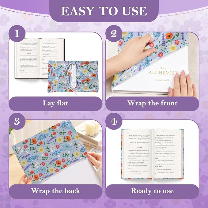 6 Pack Stretchable Book Covers, Jumbo Book Covers for Paperbacks Hardcover Books up to 9 x 11 Inches, Reusable Washable Protective Fabric Books Sleeves, Floral