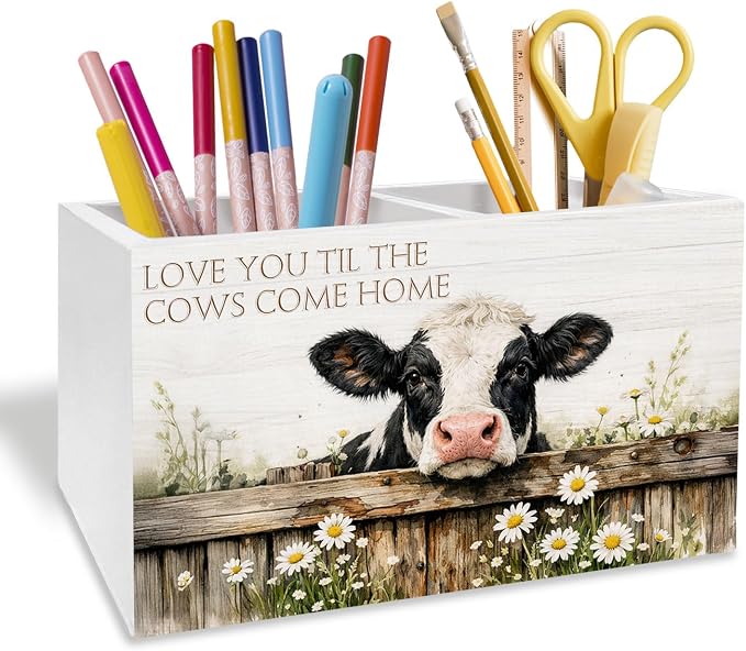 Farmhouse Daisy Floral Cow Pen Holder for Desk, Cow Lover Gifts Pencil Organizer, Love You Til the Cows Come Home Wooden Box Sign Desk Decor for Kids Girls Room Nursery Decoration