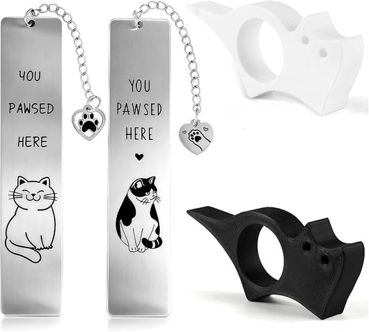 4Pcs Cat Bookmark Book Page Holder Funny Gifts for Men Women Cute Metal Book Mark Wood Thumb Book Page Holder Black Cat Reading Lover Gifts Accessories Unique Friend Coworker Teacher Birthday Gift
