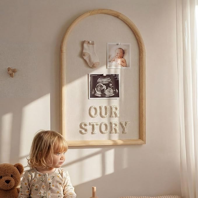 Arch Bulletin Board with Pin Linen Wedding Display Framed Decorative 24x16 Hanging Wood Vision Cork Board for Office Wall School Home Decor, 70 Pearl Studs, 26 Letter Stickers(Natural)