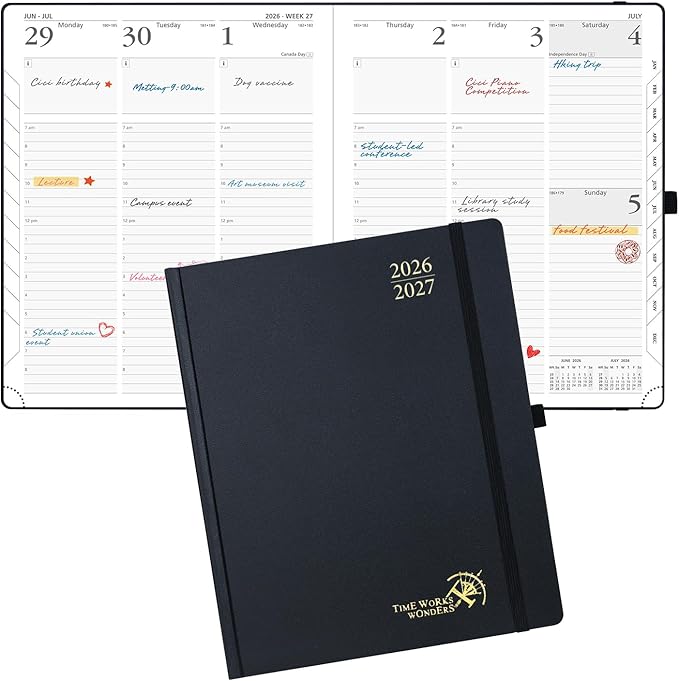 POPRUN 2026-2027 Academic Planner, Large Size 8.5" x 10.5", Weekly and Monthly Calendar, July 2026 to June 2027, Hardcover Appointment Book with Verital Layout, Hourly Time Slots, Monthly Tabs - Black