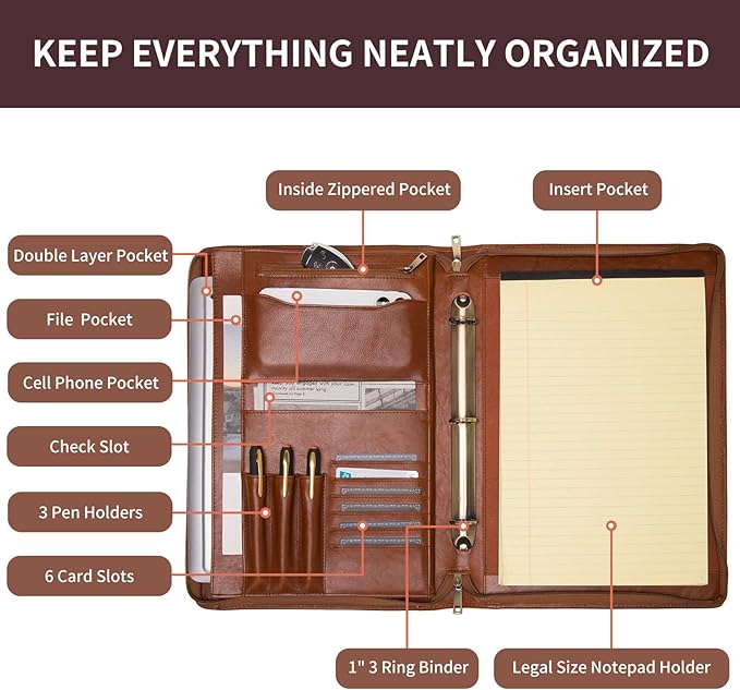 Genuine Leather 3 Ring Binder Portfolio, 8.5 x 14 Legal Size Pad Holder, Hidden Handle, Zippered Padfolio with 15” Laptop Organizer, Professional Business Folio for Men Women, Brown, Oil Tanned