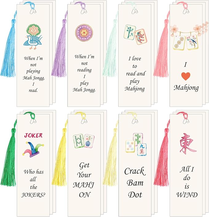 Resurhang 24 Pcs Mahjong Bookmark Set with Tassels Double Sided Vintage Mahjong Style Art Page Markers Lovers Gift for Readers Book Lovers