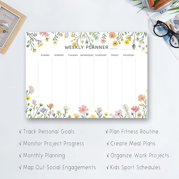 Undated Weekly Planner Notepad, 52 Sheet Tear-Off Weekly To Do List Notepad, Desk Planner Pad Calendar, Blank Calendar for Daily Habit Tracking/Menu Planning(8.26"x11,69")