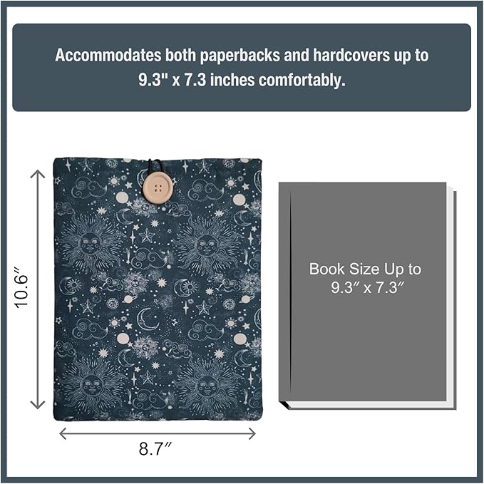 Celestial Book Sleeve - Elegant Book Cover with Wooden Button, Cotton Padded Protector for Paperbacks & Hardcovers, Ideal for Book Lovers, Durable Design (Celestial Bliss, Large)