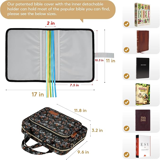 Derstuewe Bible Cover, Bible Cover Case for Women – Stylish & Durable Zippered Bible Bag with Handle & Pocket, Fits Standard & Large Bibles, Perfect for Church, Travel, Study & Gifts, Black Flower
