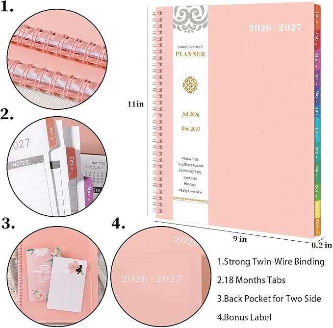 2026-2027 Monthly Planner - Planner 2026-2027, Monthly Calendar 26-27, Jul. 2026 - Dec. 2027, 9" x 11", 18 Month with Tabs & Pocket, Flexible Cover, Twin-Wire Binding, Thick Paper - Pink