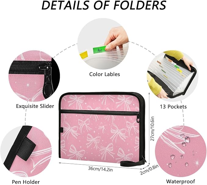Pink Bows Accordion File Organizer Expanding Document Folder with 13 Pockets Portable File Folder for A4 Letter Size