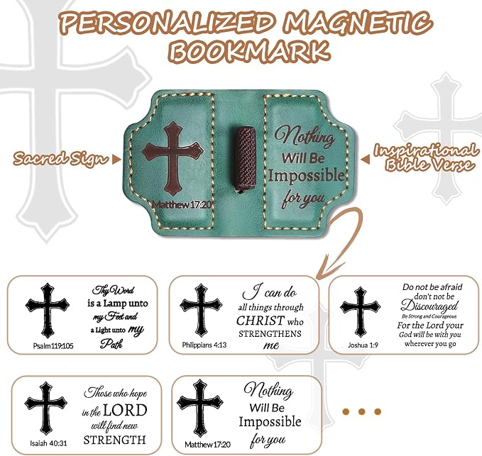 Bygone Mark Personalized Magnetic Leather Bookmark with Pen Holder,Inspirational Bible Verse Religious Bookmarks,Christian Book Lovers Reading Accessory for Men Women (Green, Matthew 17:20)