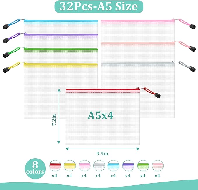 Mesh 32pcs Zipper Pouch Bags - A5 Size, 8 Color Mesh Zipper Pouches for Classroom, Organizing Bags for Home, Office and Puzzle Storage