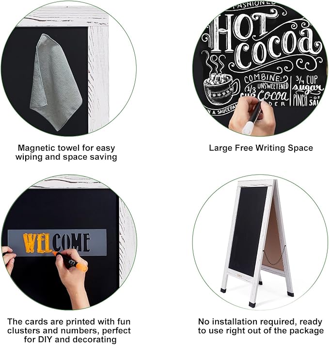 Large Sandwich A-Frame Chalkboard Sign - 40 x 20 Inches Magnetic Wooden Chalk Board for Sidewalk, Stand up Double-Sided Outdoor Easel Display for Restaurant Cafe Shop Wedding Party or Business（White）