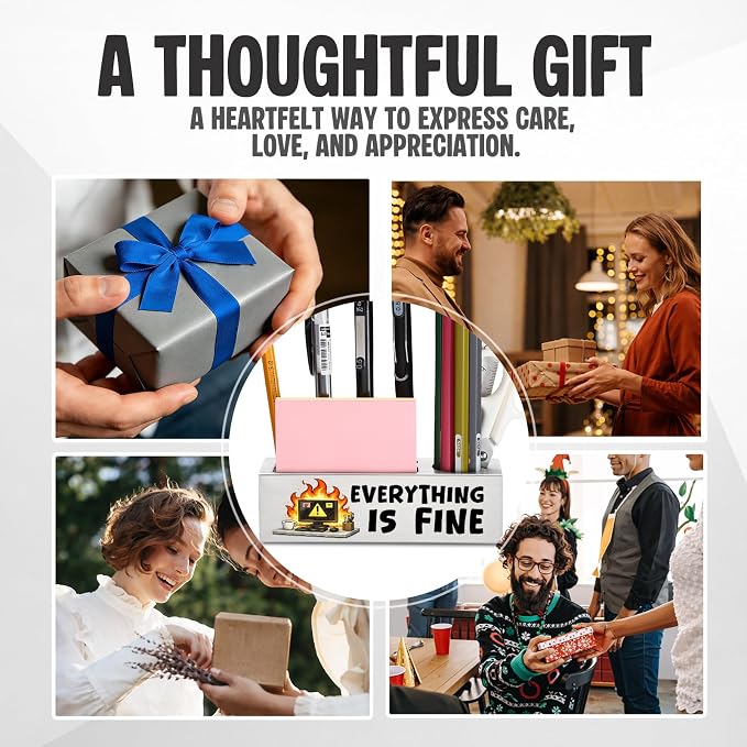 FOKCBOCM Funny Office Pen Holder with Everything Is Fine Quote, Stainless Steel Desk Organizer for Work Stress Humor, Sarcastic Workspace Decor Gift for Coworker-DS130
