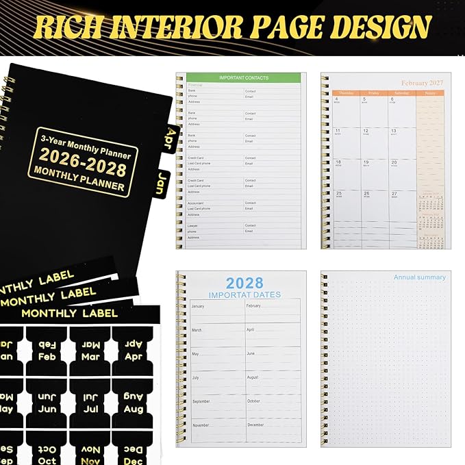 2026-2028 Monthly Planner, 3 Year Calendar from Jan 2026 to Dec 2028, 5.9" x 8.5" Spiral Bound Academic School Planner with DIY Monthly Tabs, Notes Pages Holiday Markers Organizer