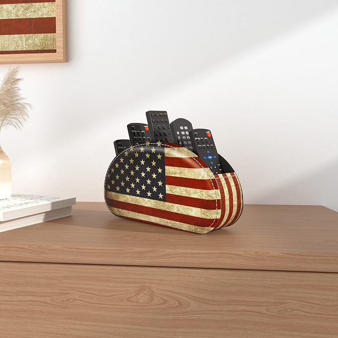 Leather Remote Caddy Desktop Organizer with 5 Spacious Compartments for TV Remotes/Media Controllers/Office Supplies (American Flag)