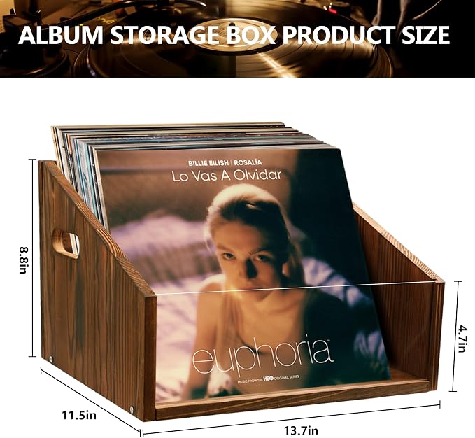 GRETJOB Vinyl Record Storage Crate - Wooden & Acrylic Record Storage Holds 70+ Records, Books, Files - Desktop & Home Office Storage with Handle (Brown)