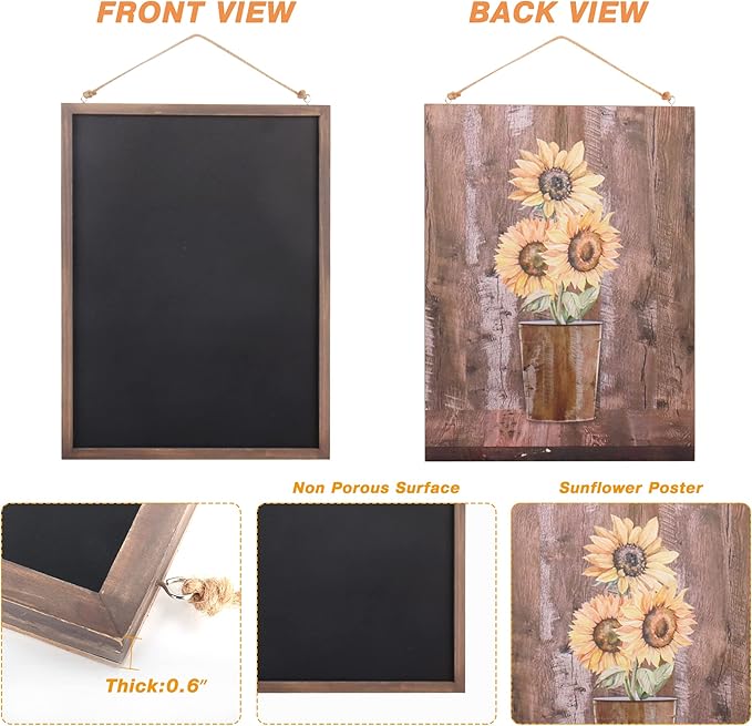 SELEAD 2-Pack Solid Wood Frame Chalkboard Signs with Dustless Chalk - 12"x16" Small Wall Hanging Chalk Board, Double-sided Message Menu Board + Rustic Sunflower Art Decor for Business, Home, Farmhouse