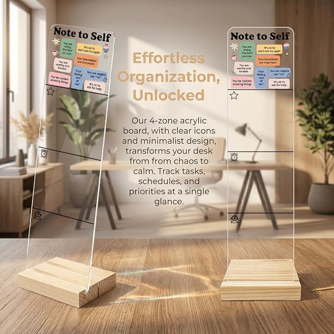 Sticky Notes Monitor Memo Board Acrylic Holder with Removable Wooden Base, Note to Self Positive Affirmations Logo Desk Set with 200 Sheets Two Sizes Sticky Notes, Office Desk Accessories Organizer