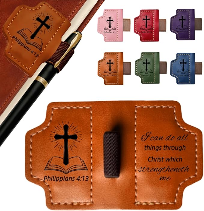 MOTEERLLU Bygone Mark Personalized Magnetic Leather Bookmark Pen Holder, Christian Gifts, Inspirational Bible Book Marks for Reading Women, Men, Teachers, Book Lover(Brown Philippians4:13)