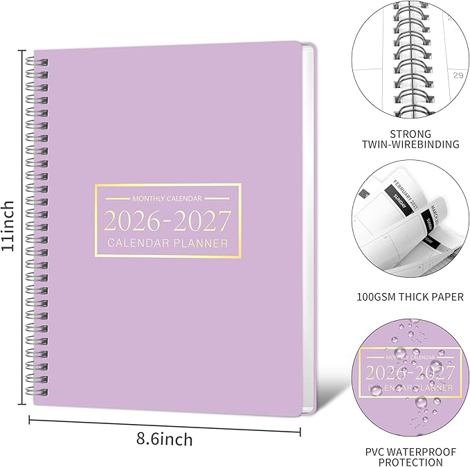 Monthly Planner 2026-2027, 2026 Calendar 24 Months Planner, Jan 2026 - Dec 2027, 8.6" x 11", Academic Calendar Hard PVC Cover with Spiral Bound, Perfect for School & Office for Women & Men