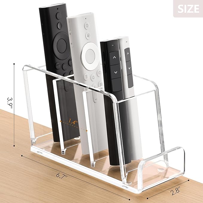 Acrylic Remote Control Holder, 4 Compartments TV Remoter Caddy Desktop Organizer Makeup Brush Holder Storage Fits TV Remotes, Media Controllers, Office Supplies(Clear)