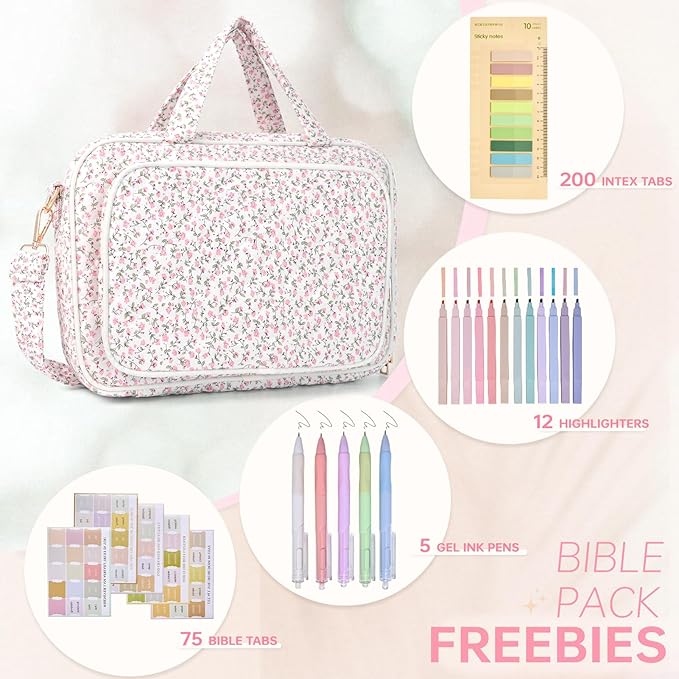 Bible Cover Case for Women Bible Study Supplies Church Camp Essentials Christian Gifts for Women Journaling Kit Quilted Large Bible Book Sleeve (Pink Flowers, Large)