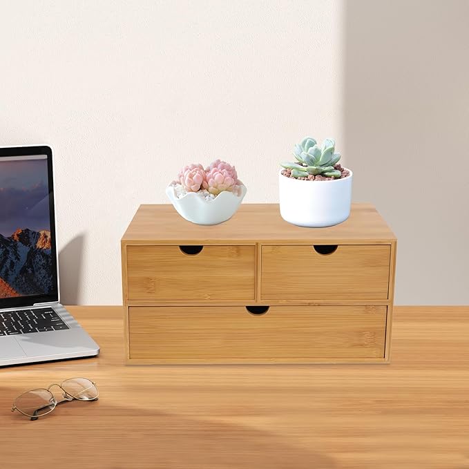 Bamboo Desk Organizer With 3 Drawers, 3 Drawers Counter Storage Countertop Drawers Box,Modern Tabletop Organizer No Assembly Required For Office Supplies, Home, Makeup And Toiletries