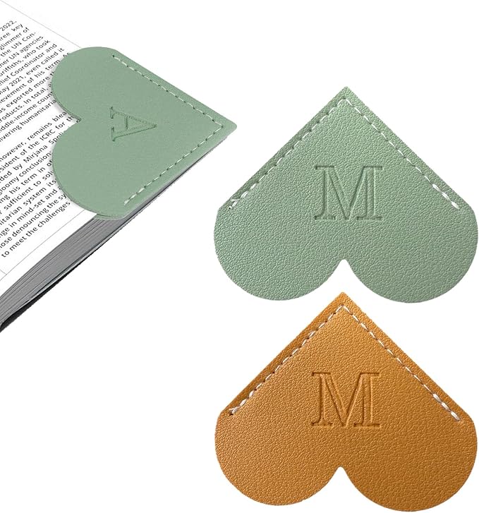 2Pcs Personalized Leather Heart Bookmark with Initial, 26 Letters Custom Corner Page Book Mark for Reading Women, Book Lovers, Teachers, Students, Cute Book Accessories Gifts(Green+Light Brown, M)