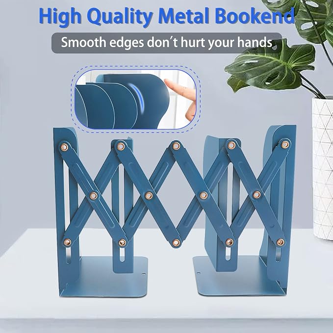 Non Skid Book Ends to Hold Books, Carooyac Heavy Duty Bookends Adjustable Book End, Metal Bookends for Shelves, Blue Book Holders Organizer for Bookshelf Desk - Extends up to 19"