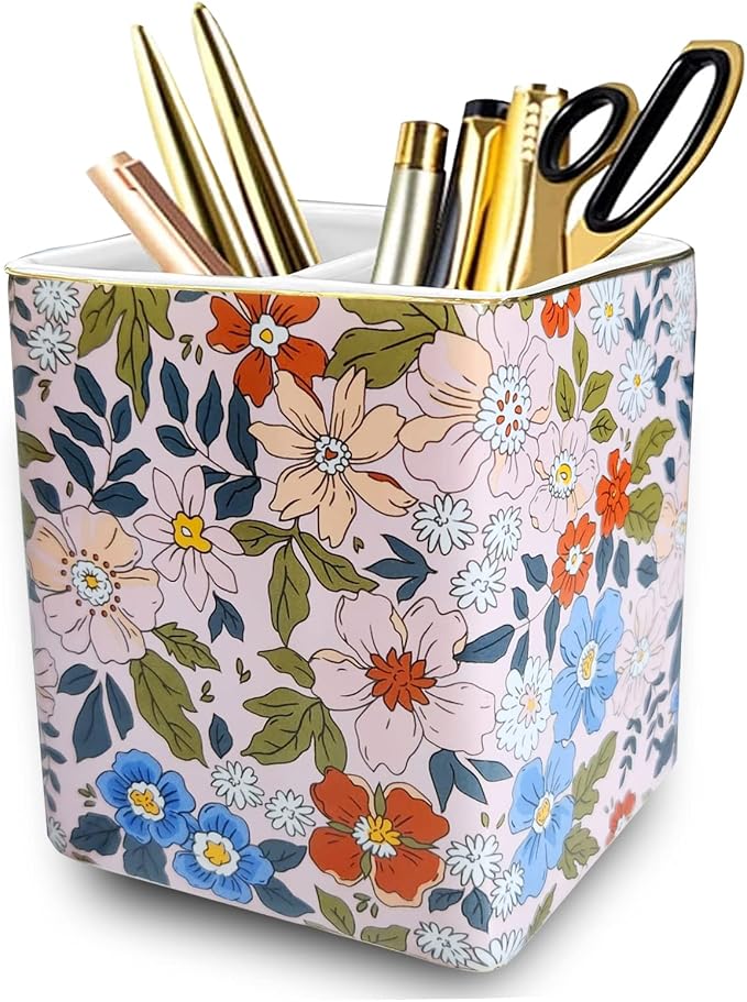 Pen Holder for Desk, Ceramic Pencil Cup, Stylish Abstract Terrazzo Marble Stone Print Organizer Makeup Brush Holders for Home Office (Flower)
