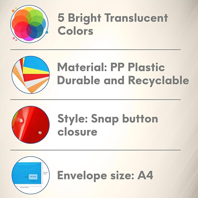 FLEXOFFICE 30 Pack Plastic Envelopes with Snap Closure & Label Pocket, 5 Colors, Reusable Poly Envelopes Waterproof for A4, US Letter Size, Important Document