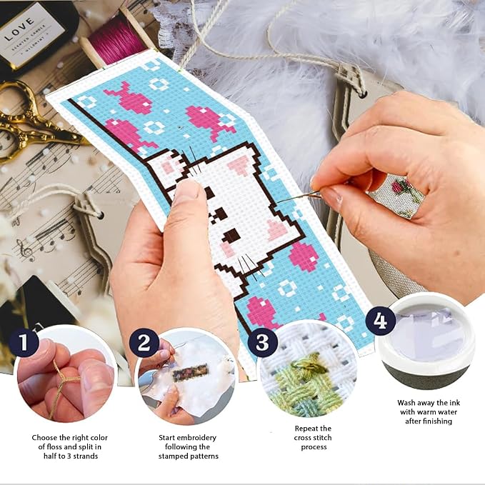 INFUNLY 6pcs Cartoon Cat DIY Cross Stitch Bookmark Kits for Beginner 8.66"×3.15" Cute Kitten Stamped Embroidery Kit with Instruction Pussycat Printed Bookmark Kits for Cat Lovers Book Readers Writers