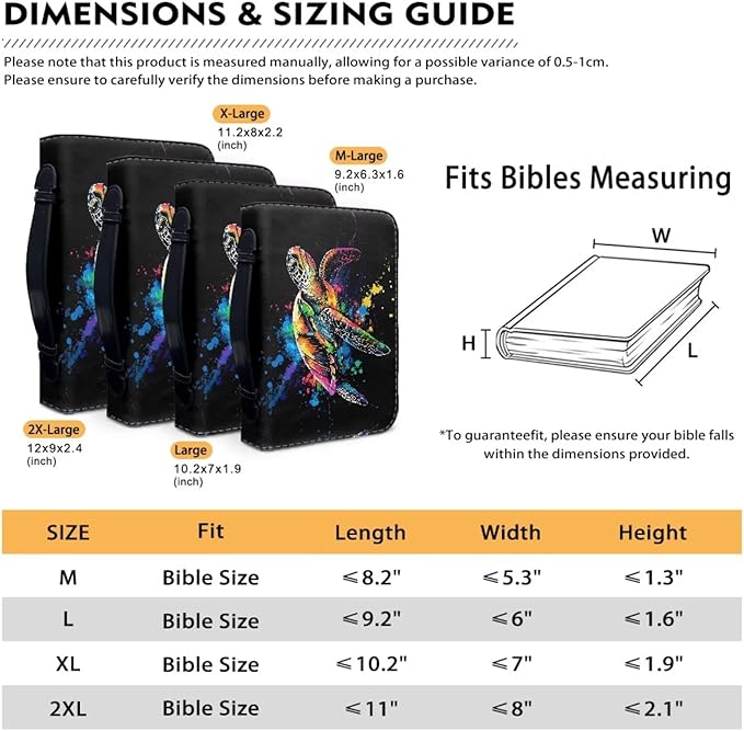 Sea Turtle Bible Cover Case for Women Men，Bible Cover with Durable Handle，Bible Study Accessories Supplies Zippered Pocket-Black-Size L
