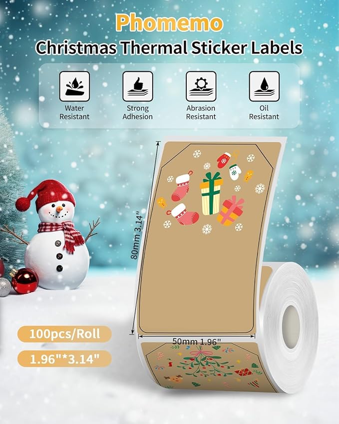 Phomemo M110 Brown Chrismas Thermal Labels, 1.96" x 3.14" (50x80mm), Shaped Stickers Self Adhesive Label Compatible with M100/M110/M108 Label Maker Printer, 300pcs in 3 Rolls, Ideal for Gift