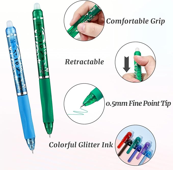 6 Colors Retractable Erasable Pens, Colored Gel Ink Pens Clicker with Erasers, 0.5mm Fine Point Smooth Writing Pen for Journaling Note-Taking Crossword Puzzles Supplies (Multicolor)