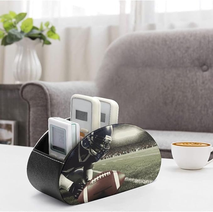 American Football Remote Control Holder with 5 Compartments Leather TV Remote Caddy Remote Storage Box Desktop Organizer for Pen/TV Remotes/Media Controllers/Office Supplies