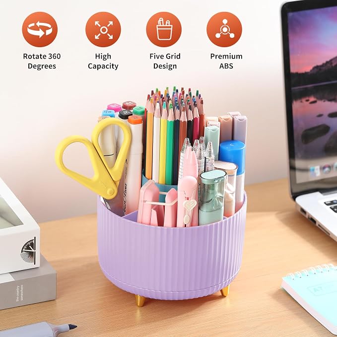 Desk Pencil Pen Holder, 5 Slots 360°Degree Rotating Pen Organizers for Desk, Desktop Storage Stationery Supplies Organizer, Cute Pencil Cup Pot for Office, School, Home, Art Supply, Purple