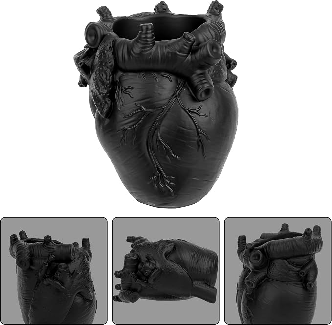 Anatomical Heart Pencil Holder, Black Resin Organ-Shaped Pen Cup Desk Organizer, Realistic Human Heart Decor, Stable Base