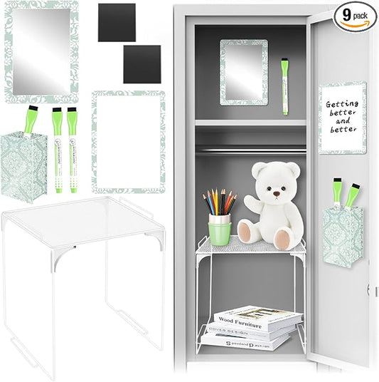 Denylo pro Magnetic Locker Accessories Kit White and Green Back to School Essentials Locker Organizer Supplies Include Mirror Whiteboard Pen Shelf Pencil Case Magnet Back to School Essentials